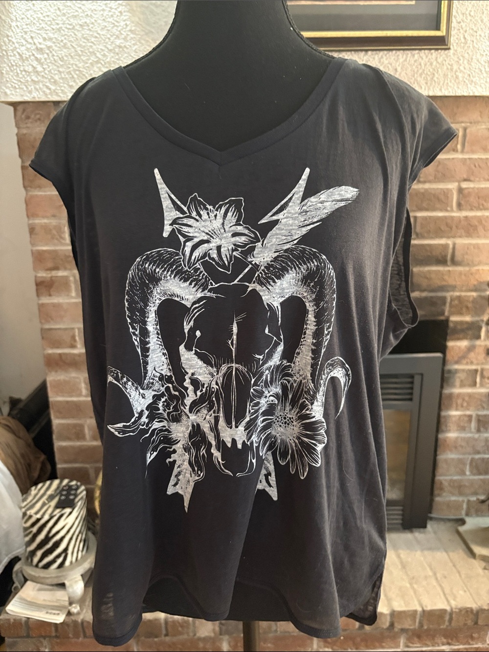 Black Graphic V-Neck Tank with White Ram Skull Print